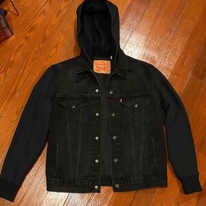 Levi's Black Hooded Denim Jacket with Knit Sleeves